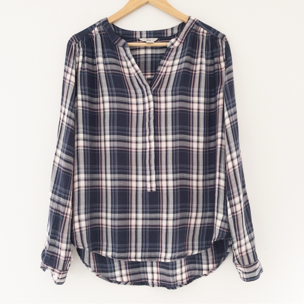 Bass Navy Blue Plaid Top